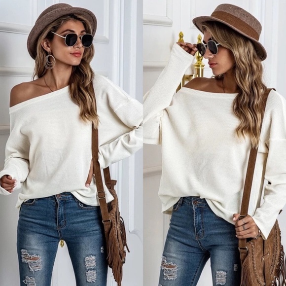 white oversized off shoulder waffle knit top - Picture 11 of 15